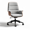 Chaise de bureau ergonomique en tissu gris avec accoudoirs en bois et roulettes