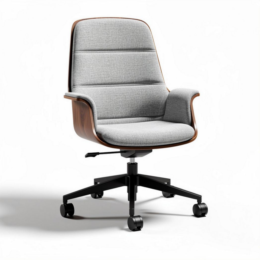 Chaise de bureau ergonomique en tissu gris avec accoudoirs en bois et roulettes