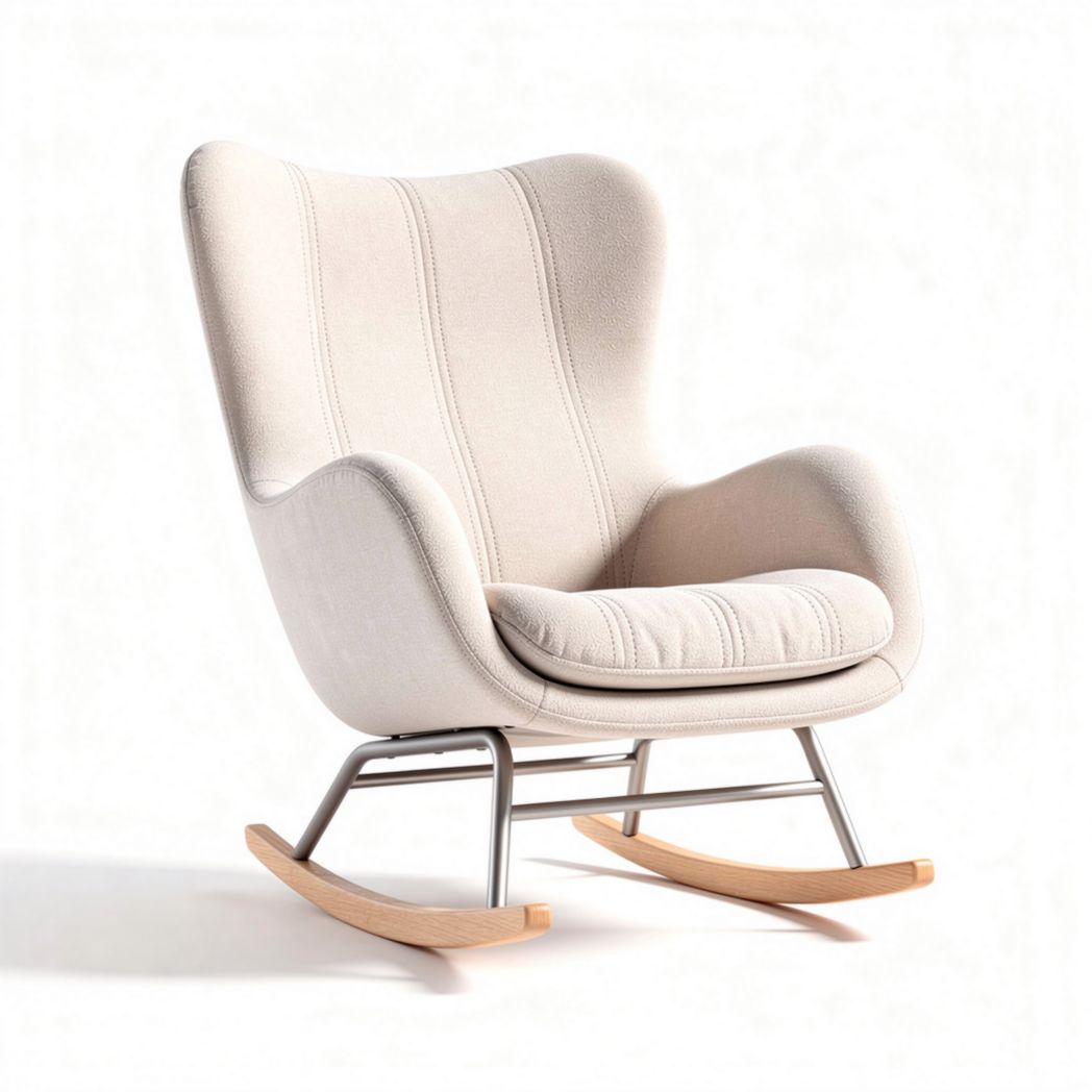 Chaise berçante en tissu beige avec structure en métal et bois 80 x 70 x 90cm