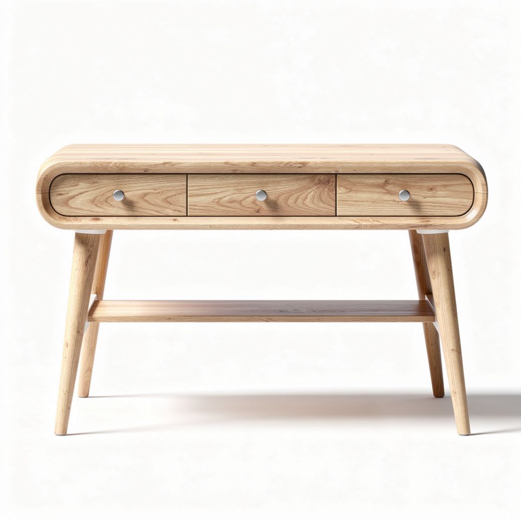 Table de console en bois clair avec trois tiroirs et étagère inférieure 100 x 40 x 75cm