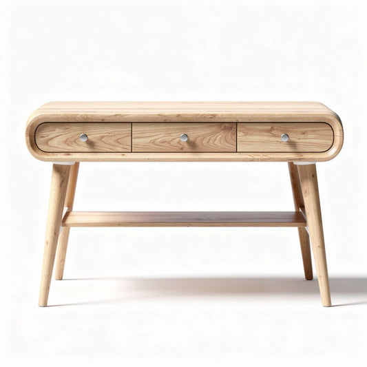 Table de console en bois clair avec trois tiroirs et étagère inférieure 100 x 40 x 75cm