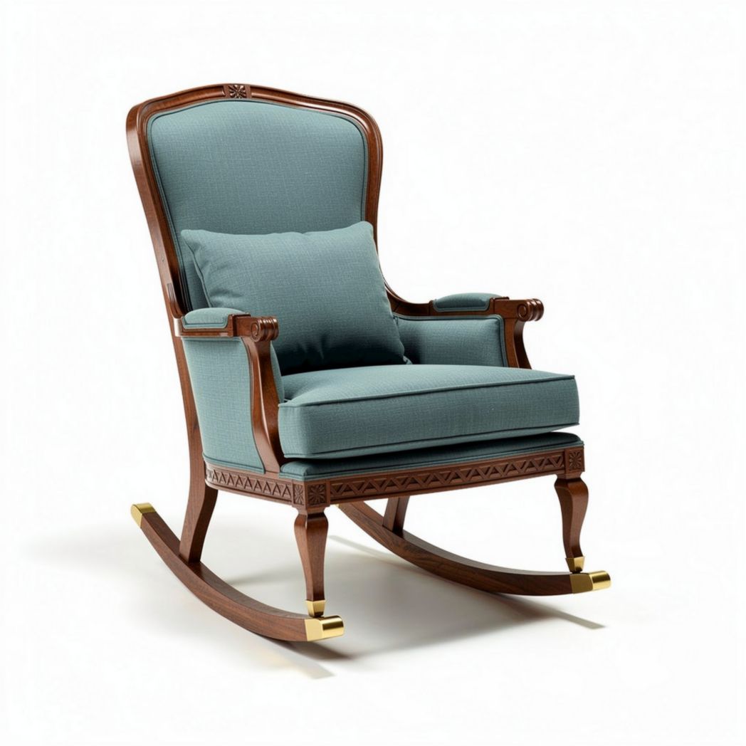 Fauteuil à bascule en bois avec coussin rembourré bleu 80 x 70 x 110cm
