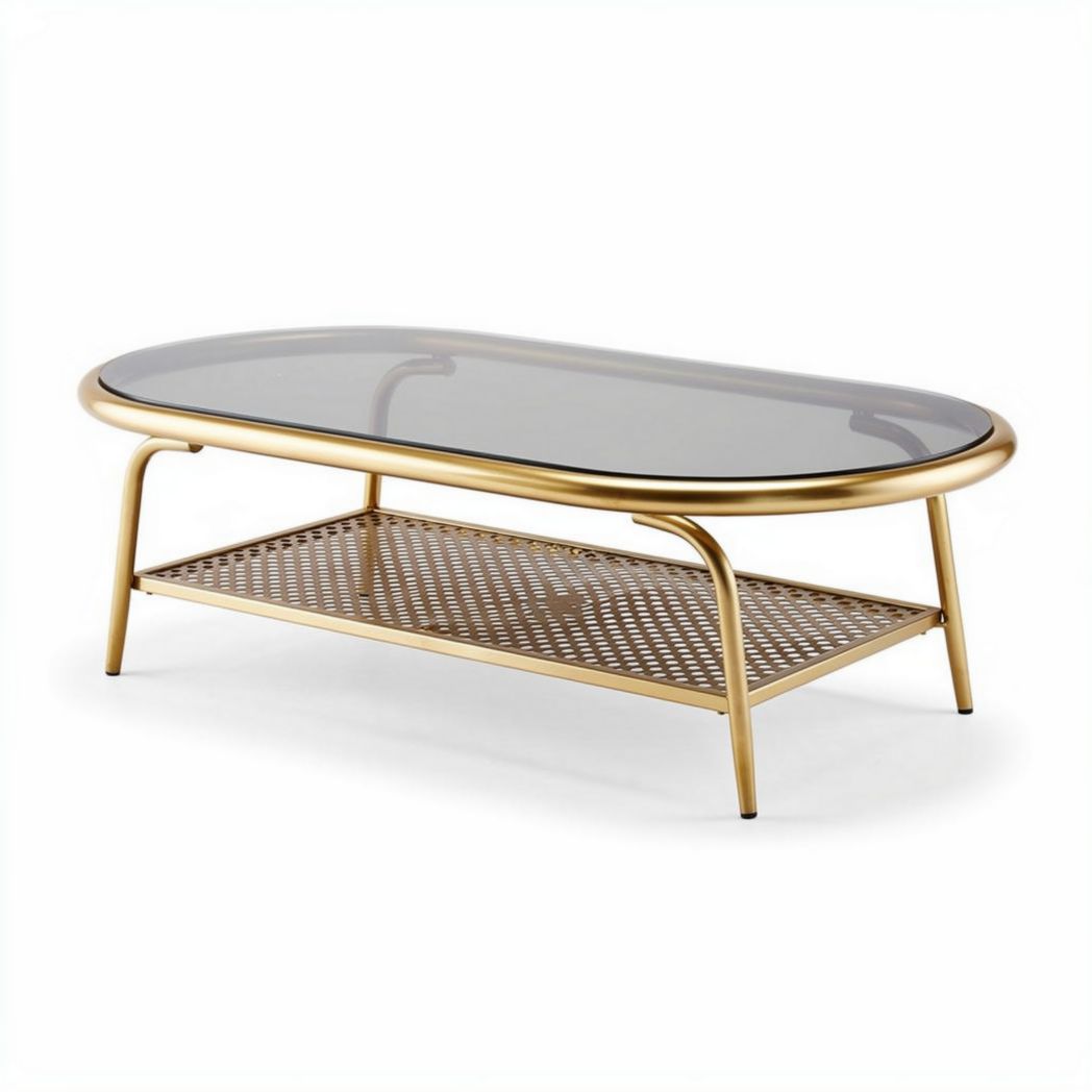 Table basse en métal doré avec plateau en verre et étagère en osier 120 x 60 x 40cm