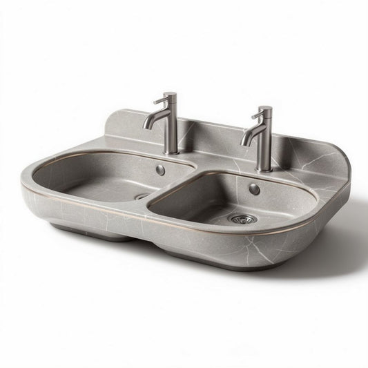 Lave-mains en pierre composite gris avec robinet double 80 x 50 x 15 cm