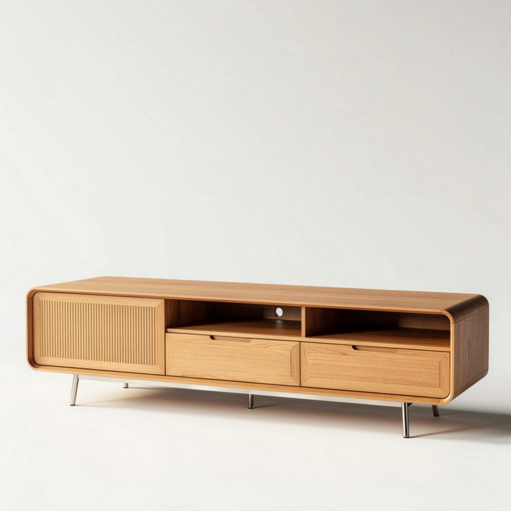 Meuble télévision en bois clair avec tiroirs et étagère 150 x 40 x 50cm