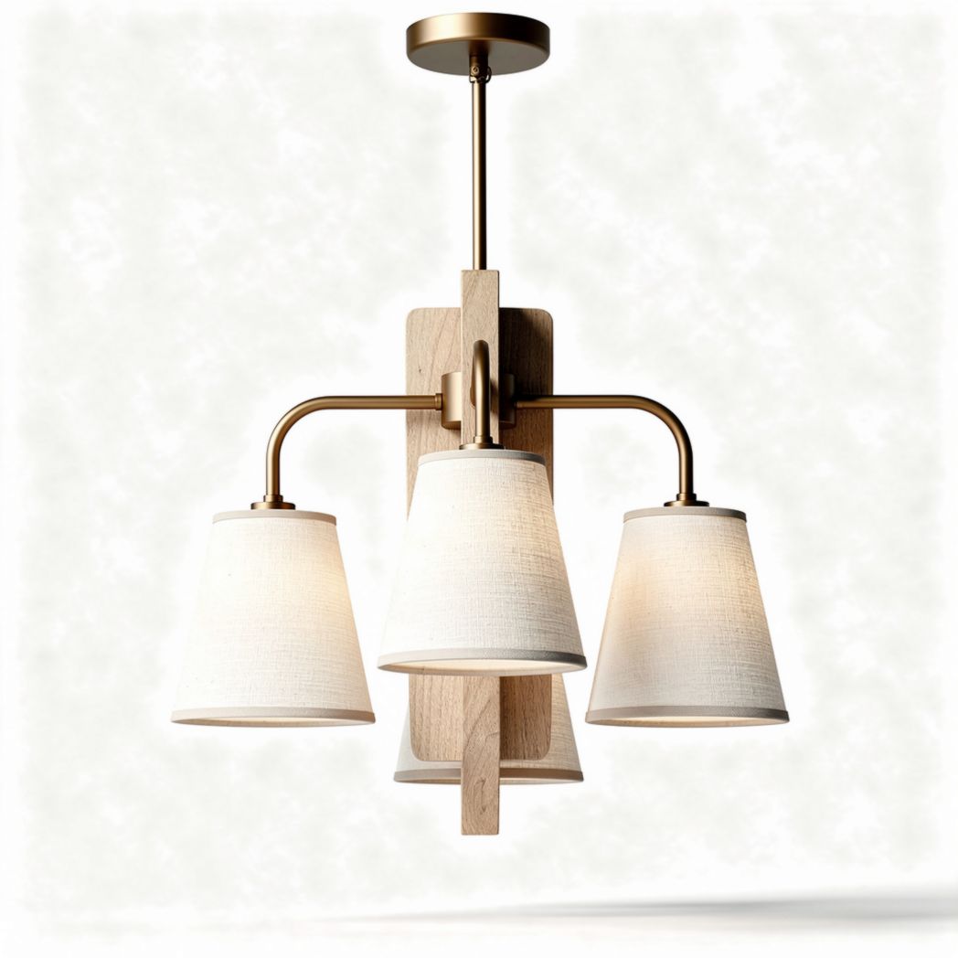Suspension en bois et métal avec abat-jours en textile blanc 30 x 30 x 50cm